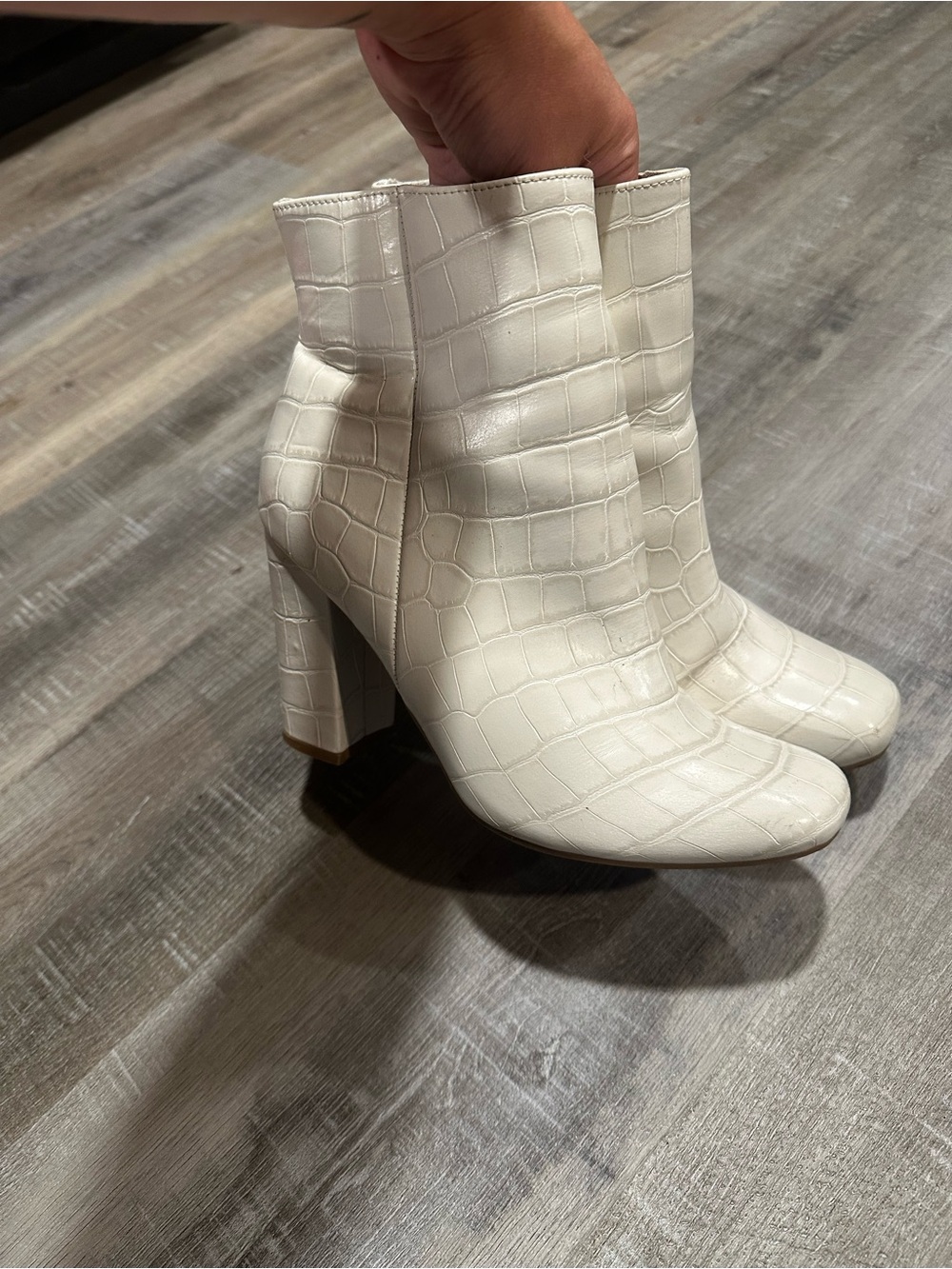 White Croc-Embossed Block Heel Ankle Boots - Women